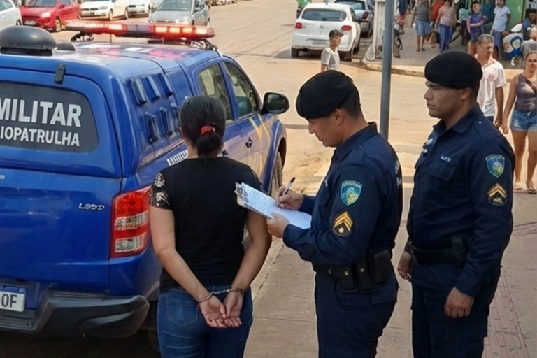 Foragida da Justiça é presa e levada à delegacia durante ação do 6º BPM em Guajará-Mirim