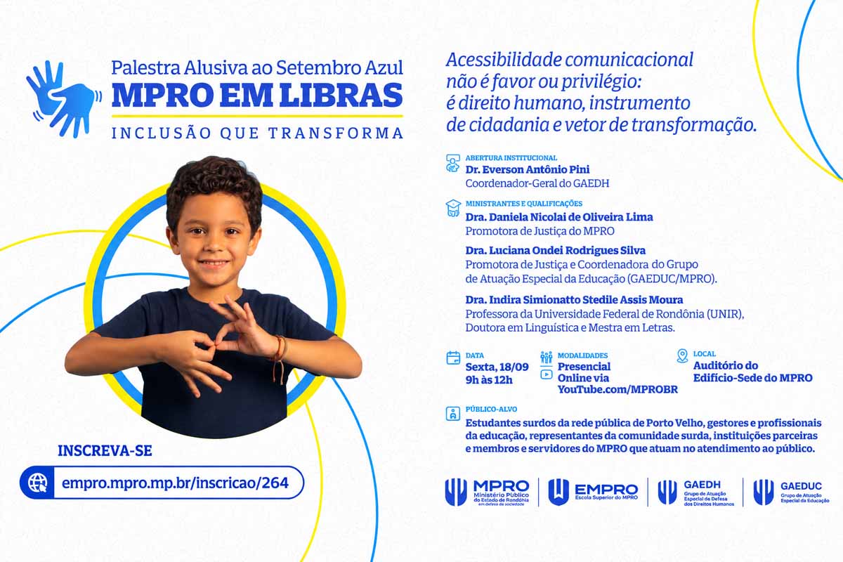 MPRO abre inscrições para palestra sobre Libras e inclusão durante o Setembro Azul