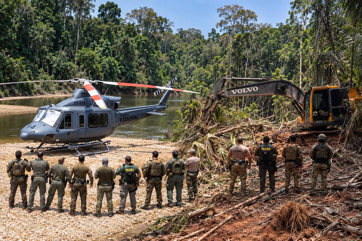 PF e Ibama inutilizam máquinas e estruturas usadas em garimpo ilegal entre Rondônia e Mato Grosso