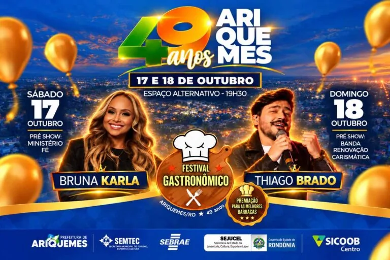 Aniversário de 49 anos de Ariquemes terá shows de Bruna Karla, Thiago Brado e fe