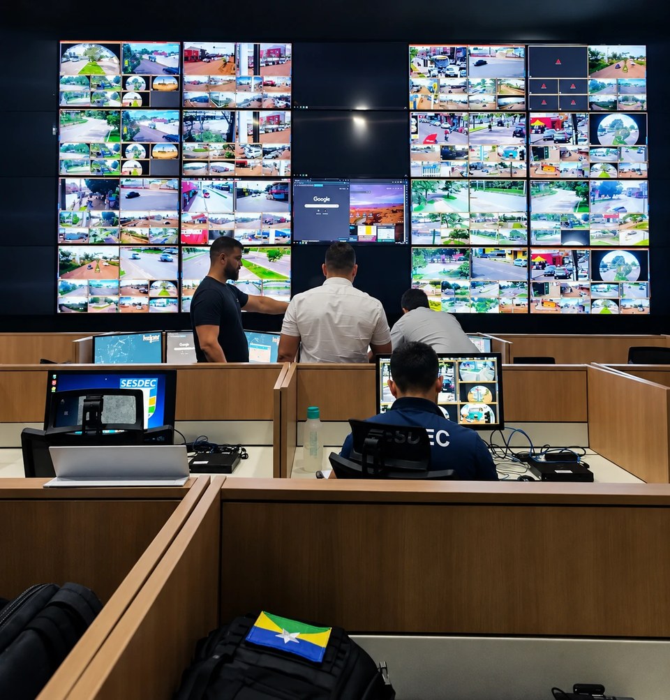 Operadores da Sesdec diante de painel com dezenas de imagens de câmeras no Centro Integrado de Operações